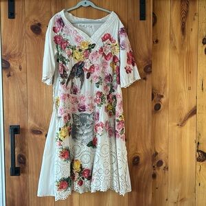 Magnolia Pearl White Floral Midi Dress with Pink & Yellow Roses